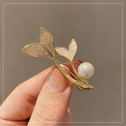 Golden Tulip Flower Pearl Brooch for Women – CZ Rhinestone Crystal Metal Pin