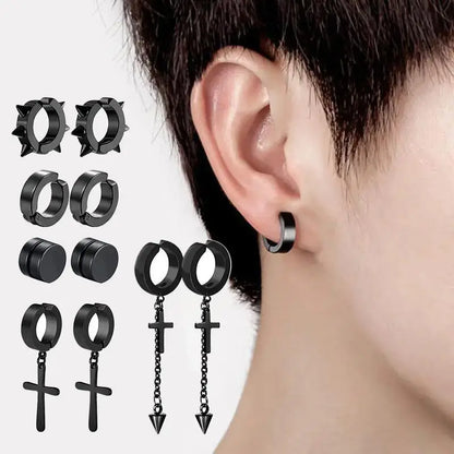 5 Pairs Fashionable Men's Punk Cross Pendant Earless Magnetic Stainless Steel Earrings Set