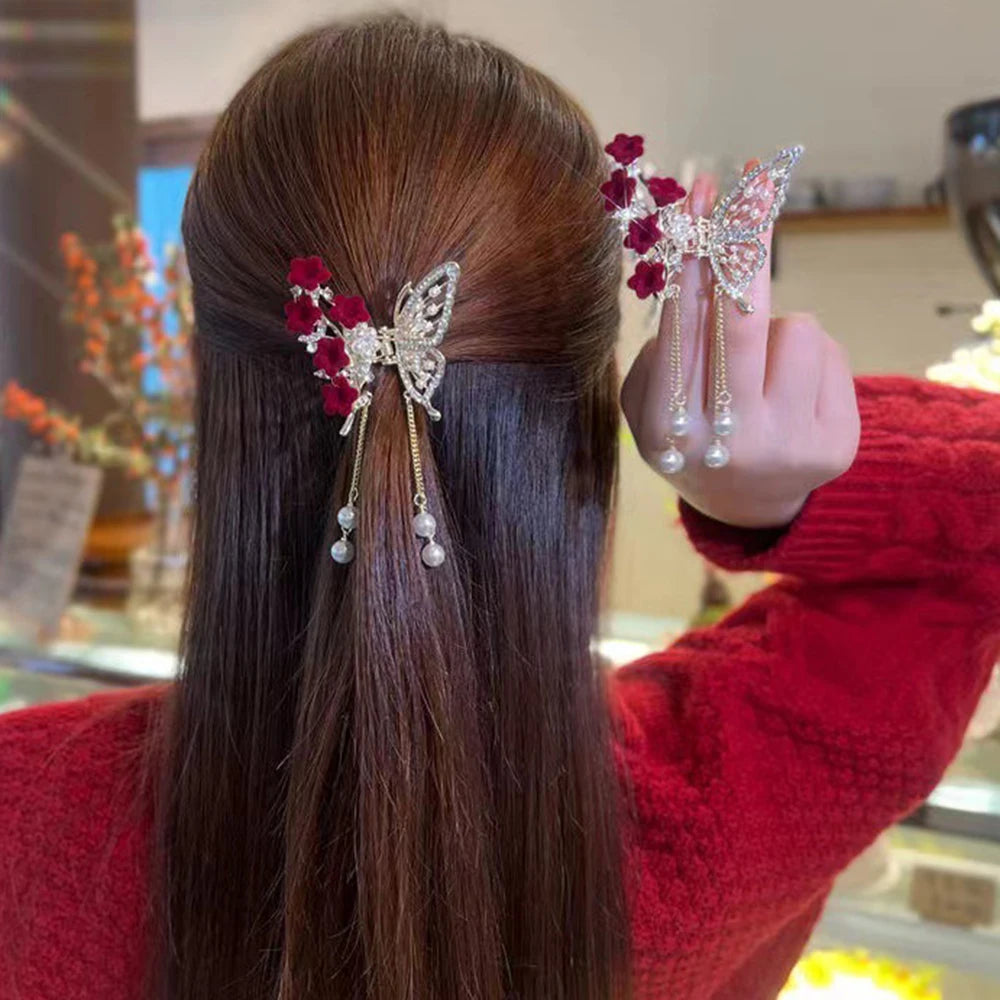 Schmetterlings-Haarnadel mit roten Blumen – Pferdeschwanz-Haarspangen