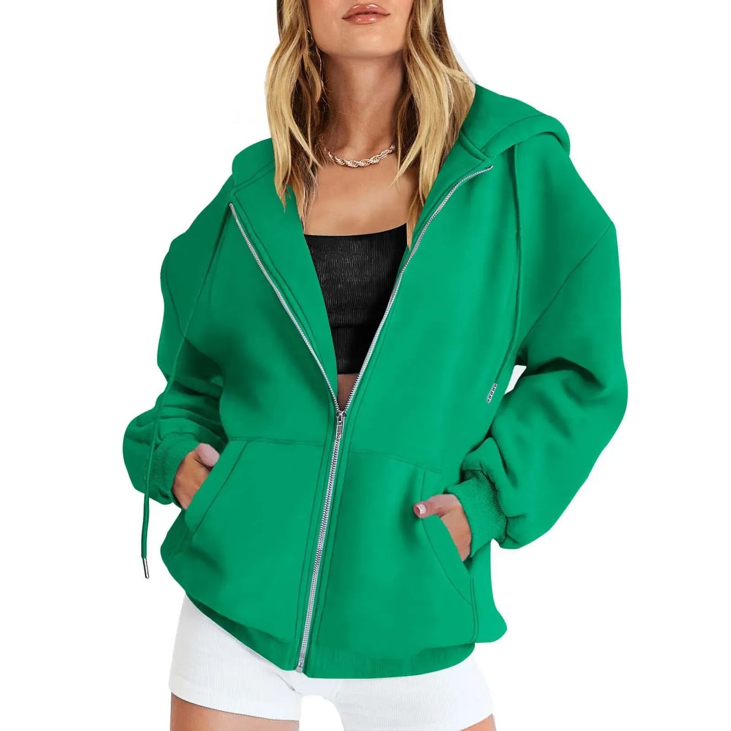 Sweat à capuche en polaire d'automne de couleur unie avec poches et fermeture éclair