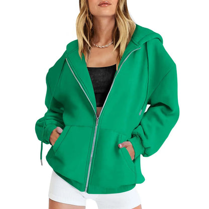 Sweat à capuche en polaire d'automne de couleur unie avec poches et fermeture éclair