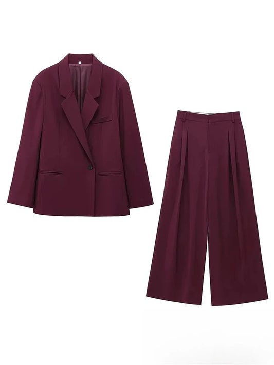 Women’s Notched Lapel Single‑Button Blazer & Straight Loose Pants Suit