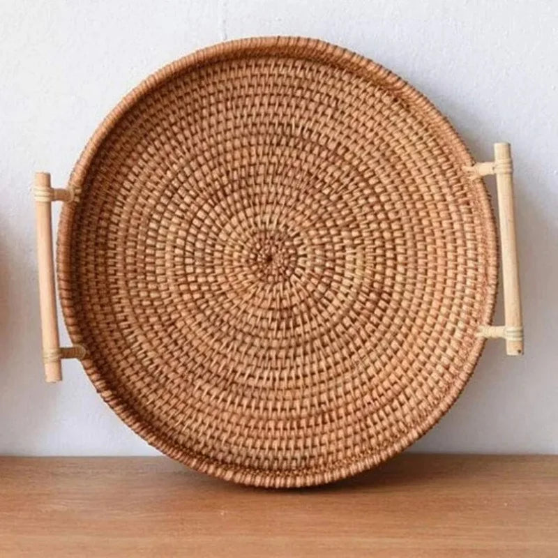 Handwoven Rattan Wicker Basket Tray – Eco-Friendly Food Serving & Storage Basket with Handles