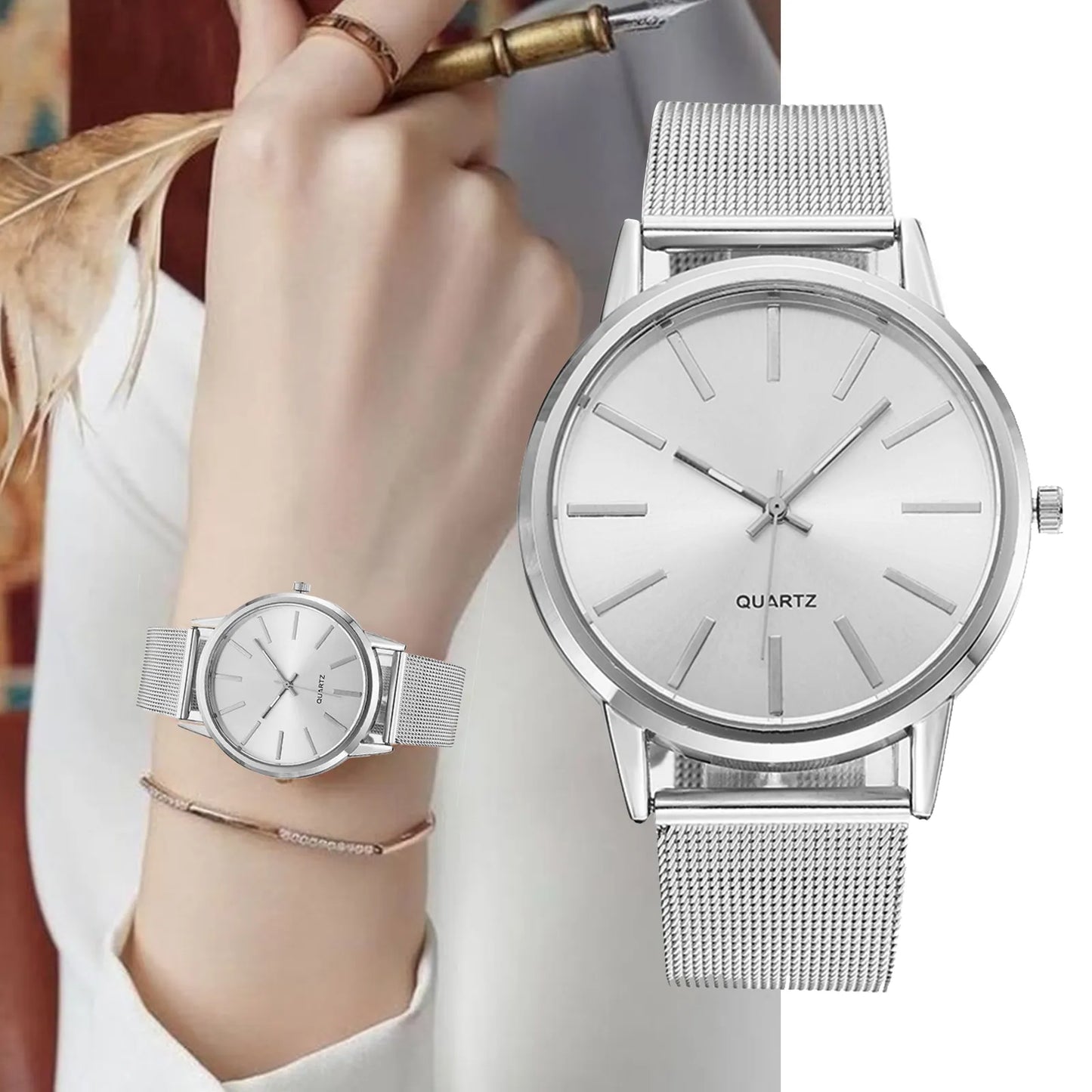Minimalist Silver Women's Business Watch with Leather Strap