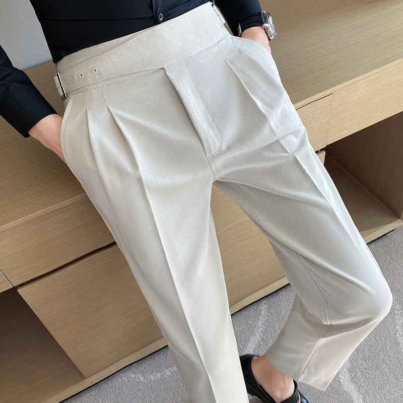 Men's High Waist Slim Trousers - Belt Design