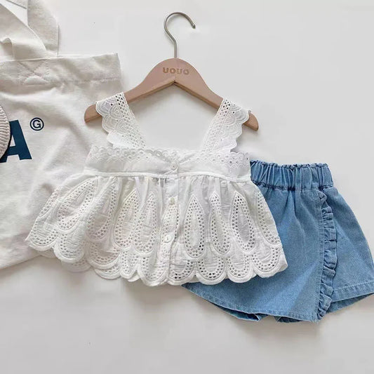 Ensembles de tenues pour filles, bretelles et jupe blanches pures, costume décontracté pour bébé