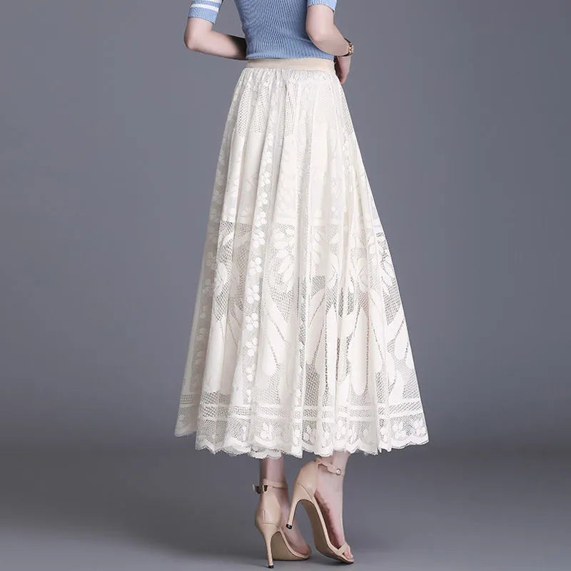 Long Skirt Big Swing Gauze Hollow Pleated Skirt