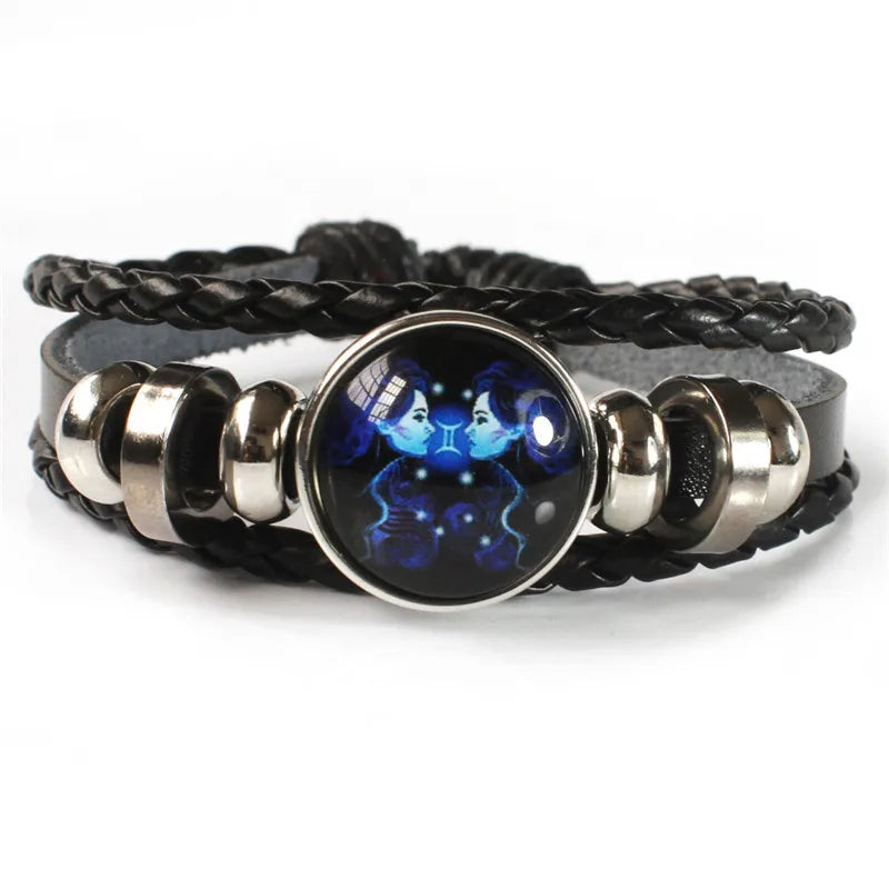 Unisex-Armband mit den 12 Sternzeichen – Leuchtendes, mehrlagiges Lederarmband mit Anhängern