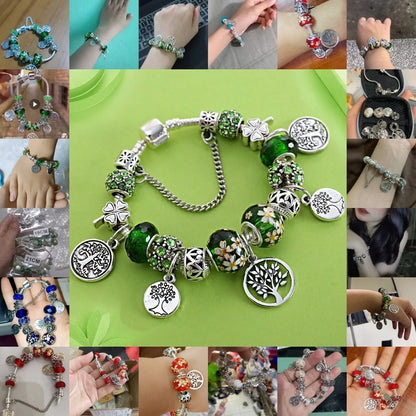 Green Leaf Floral Crystal Bead Bracelets