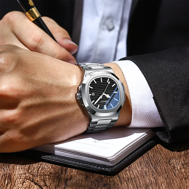 Wasserdichte Herrenuhr aus Edelstahl – Quadratisches Zifferblatt im Nautilus-Stil mit Leuchtmasse, Kalender und Datumsanzeige