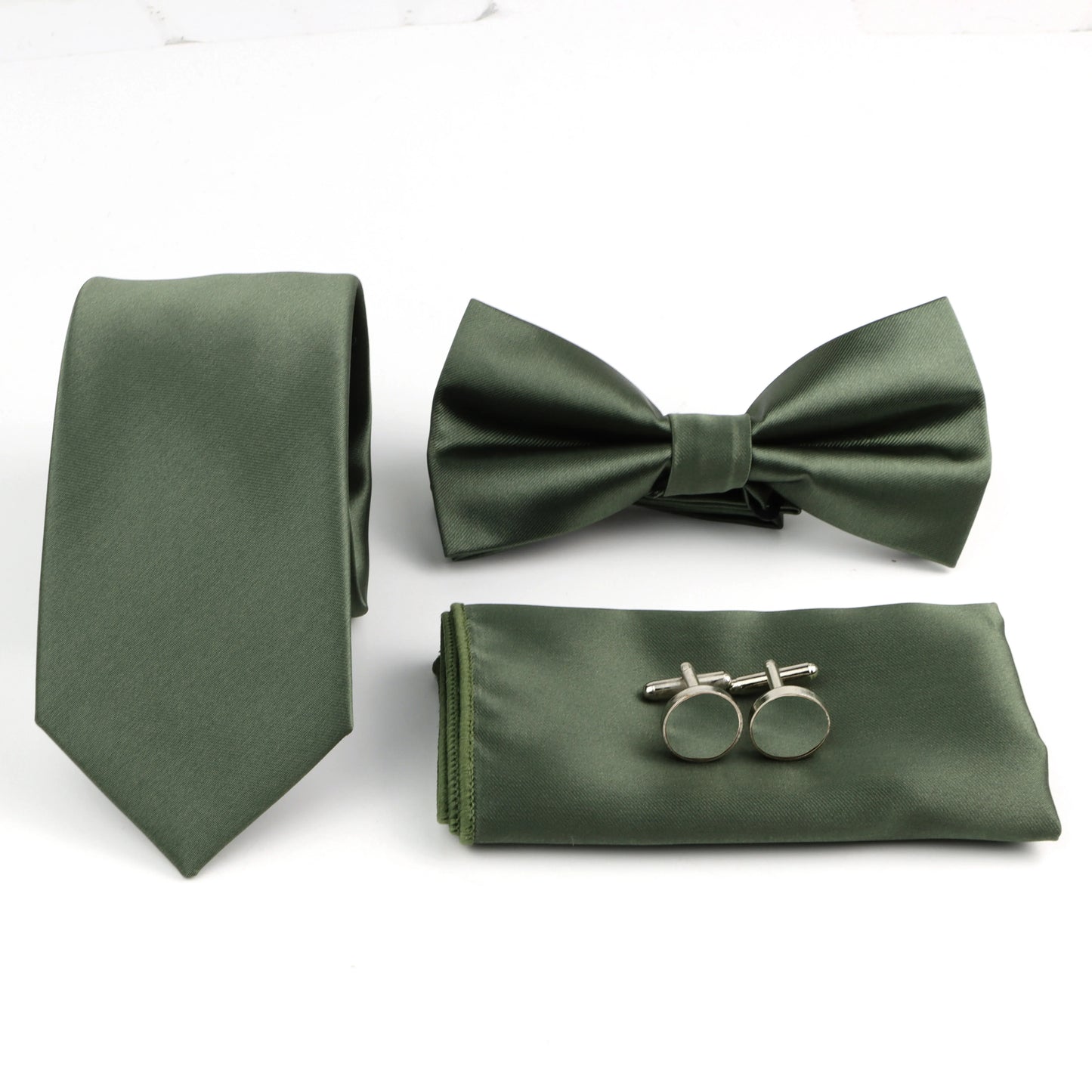 Men’s Solid Color Tie Set – Polyester Necktie Bow Tie Pocket Square & Cufflinks
