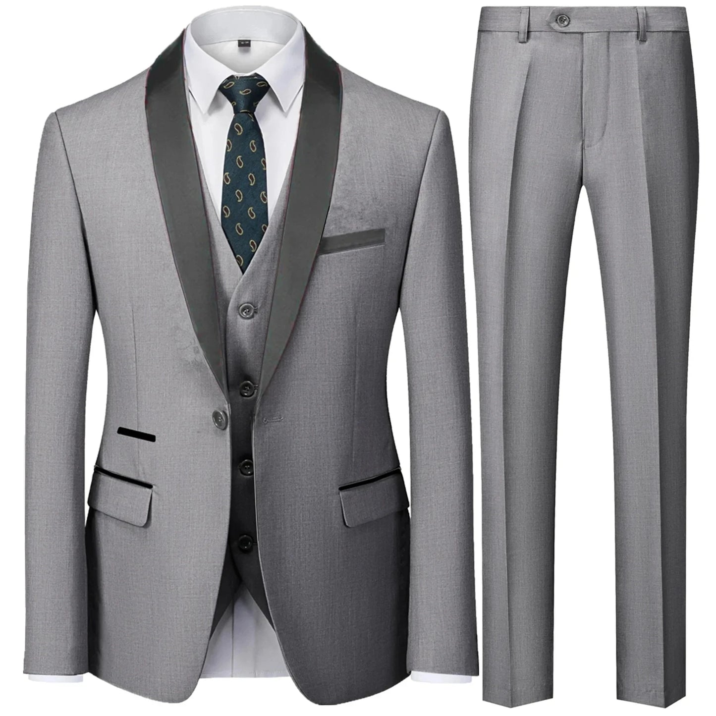 3 Pieces Set Men's Business Blazers Coat - Slim Fit Color Matching Collar Suit Jacket Pants Vest