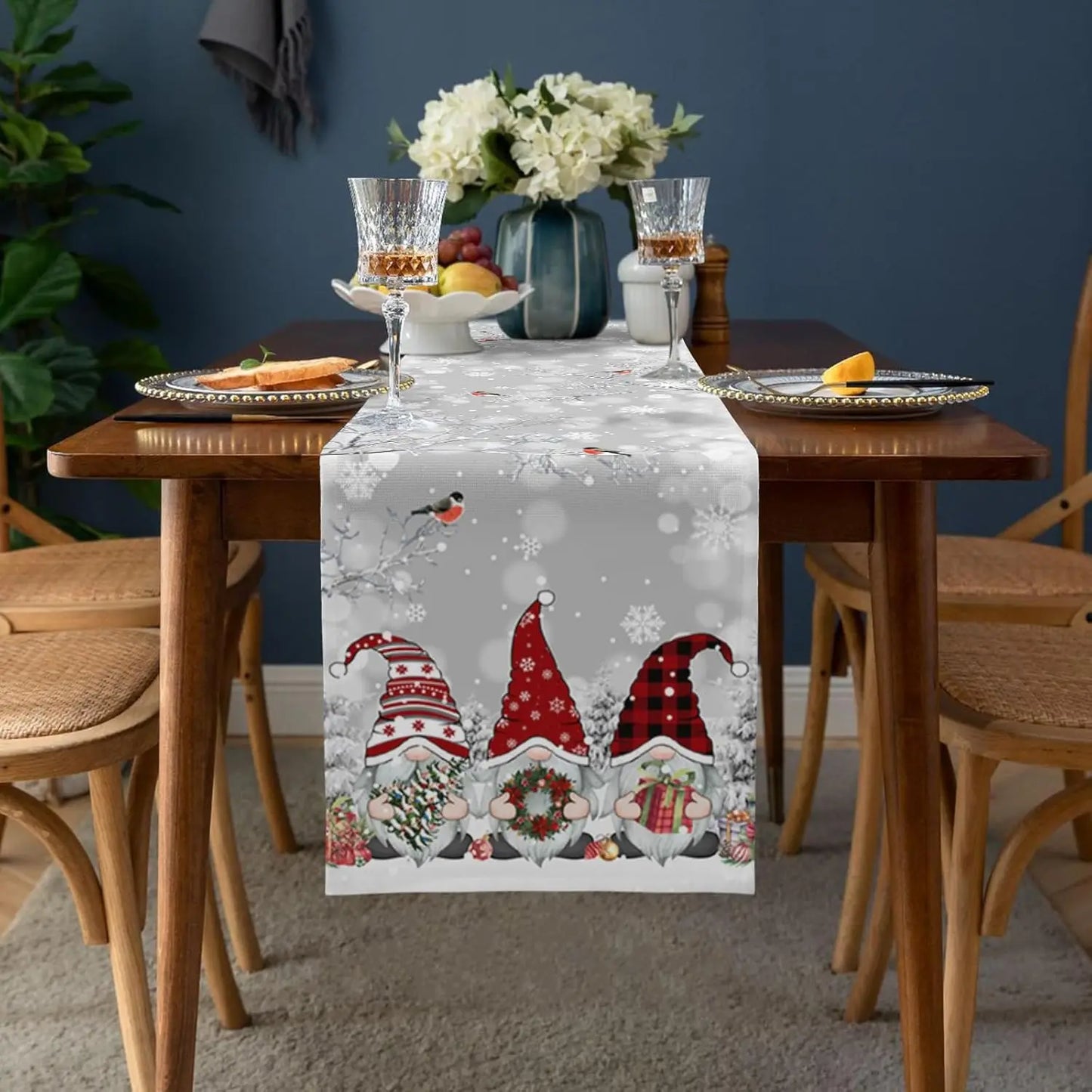 Chemin de table en lin avec motif gnome de Noël et flocon de neige