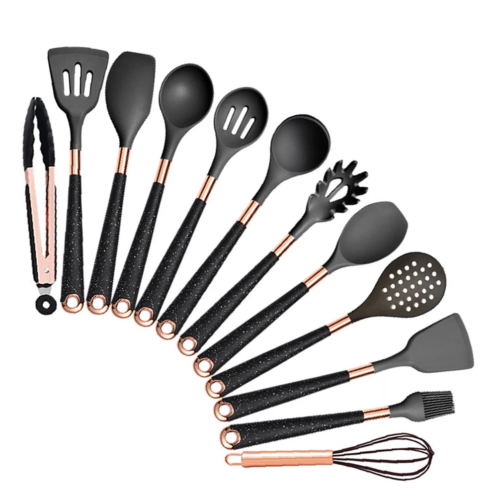 Ensemble d'ustensiles de cuisine en silicone abricot/noir
