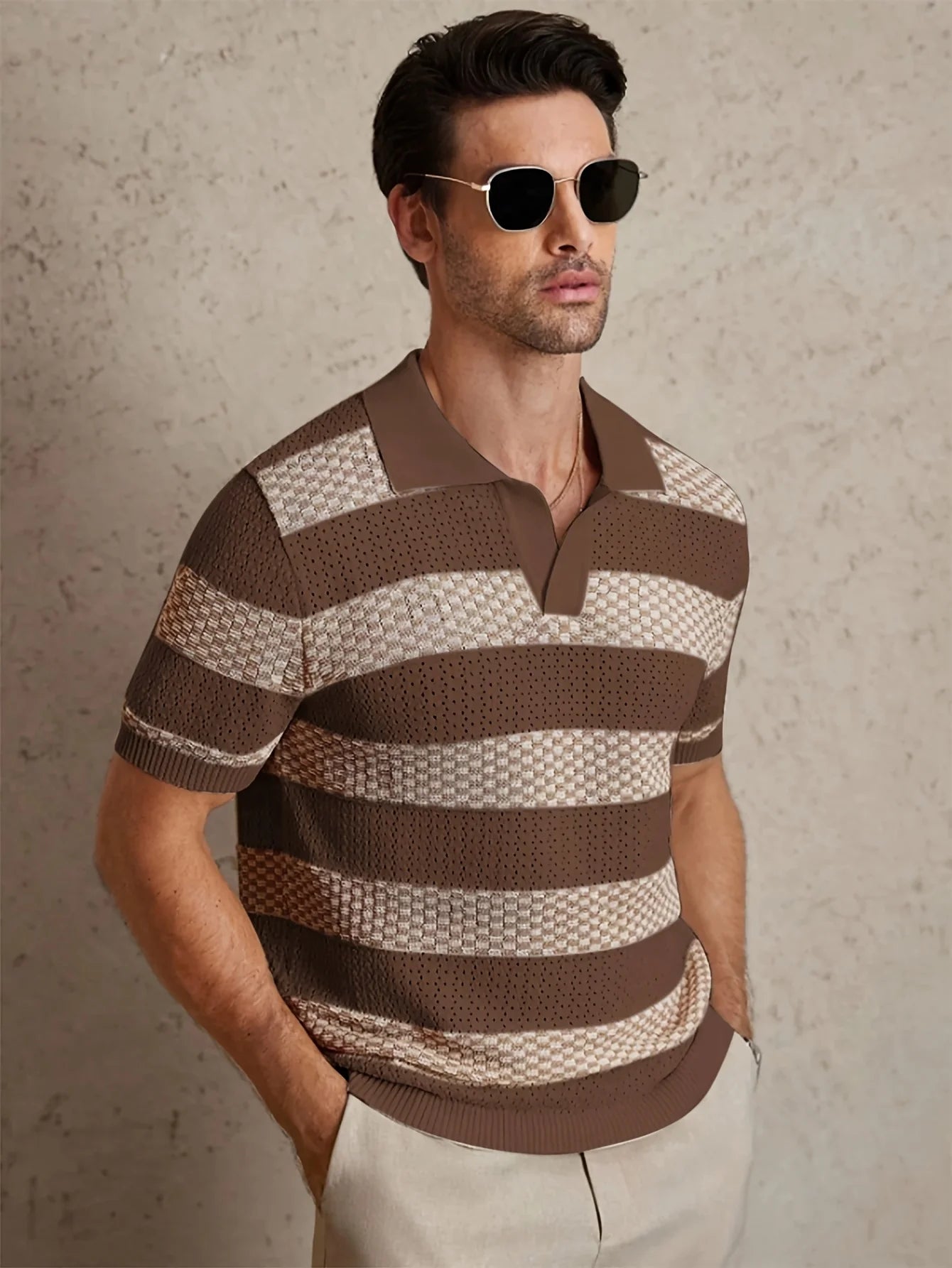 Men's Short Sleeve Contrast Color Knitted Polo Shirt