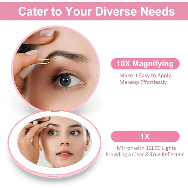 Lighted makeup vanity mirror with 10X magnification.