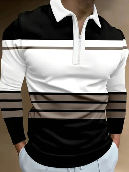 Men's Long Sleeve Stripe Golf Zipper Polo Shirt