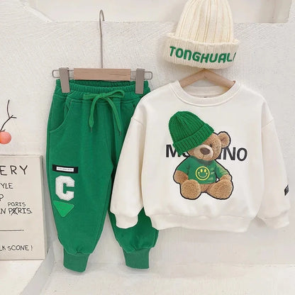 Boys Casual Cartoon Bear Long Sleeve tee and Navy Pants Outfit