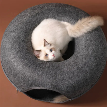 Interaktives Donut-Katzenbett mit Tunnel für den Innenbereich mit doppeltem Verwendungszweck