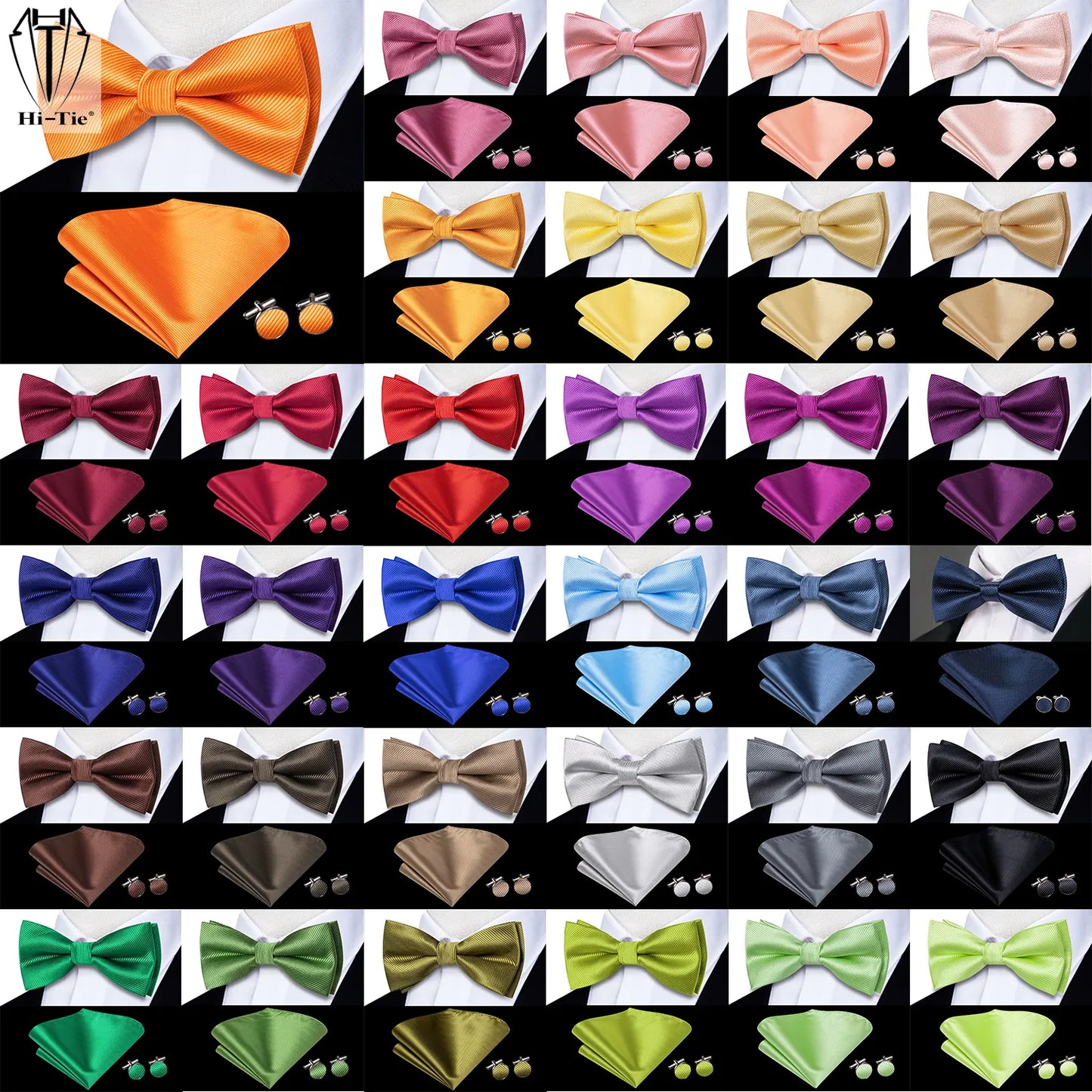 Pre-tied Solid Silk Bow Tie Set for Men