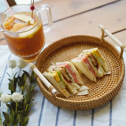 Handwoven Rattan Wicker Basket Tray – Eco-Friendly Food Serving & Storage Basket with Handles