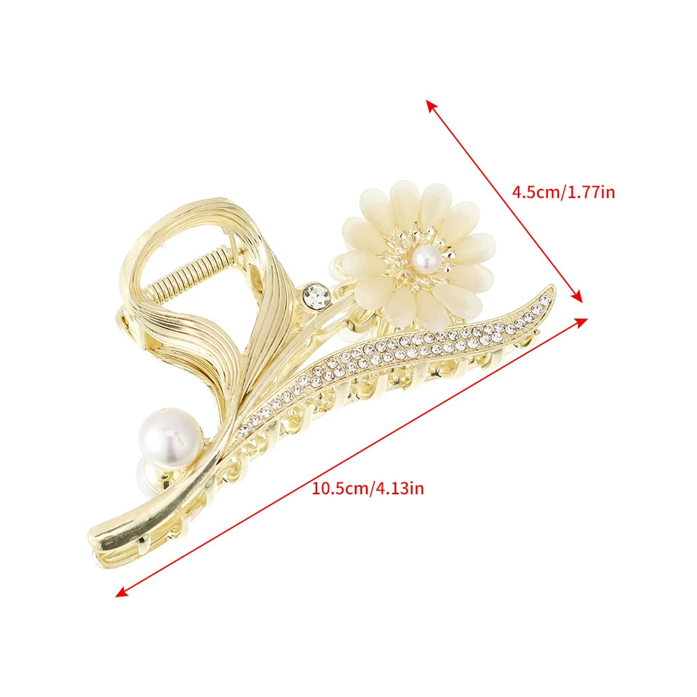 Crystal Flower Hair Claw - Metal Hair Claw Pearl Shark Clip