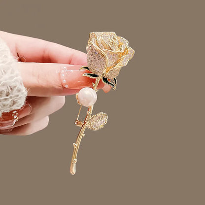 Golden Tulip Flower Pearl Brooch for Women – CZ Rhinestone Crystal Metal Pin