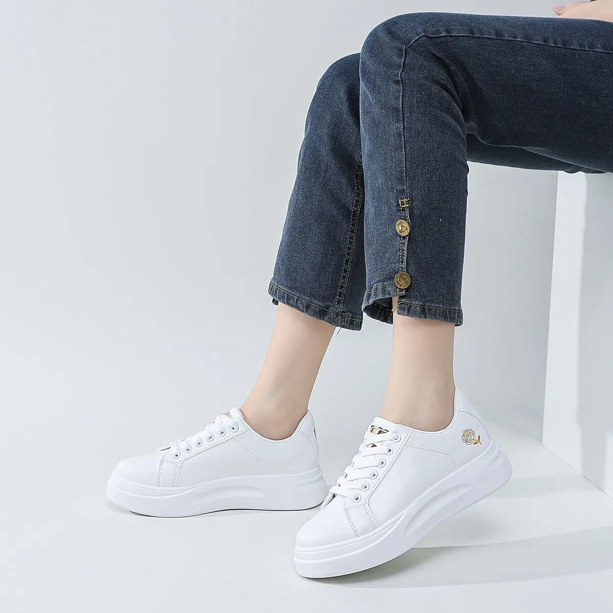 Women's Stylish Lace-Up Skate White Floral Embroidered Sneakers