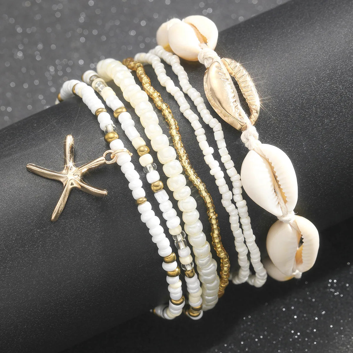 Women's Bohemian Starfish & Seashell Ankle Bracelet Set – Multilayer Rice Beads Beach Ankle Bracelets