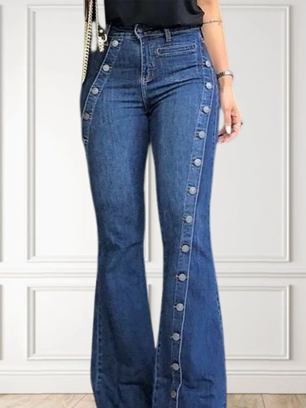 Ladies High Waist Plain Button Decor Skinny Bottom Pants