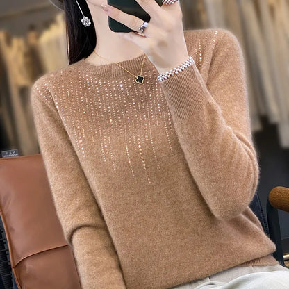 Round Neck Hot Drilled Long Sleeve Loose Women's Sweater