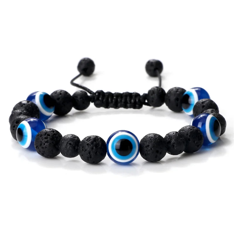 Unisex Black Matte Lava Bead Bracelet Blue Evil Eye Charm – Lucky Protection Bangle