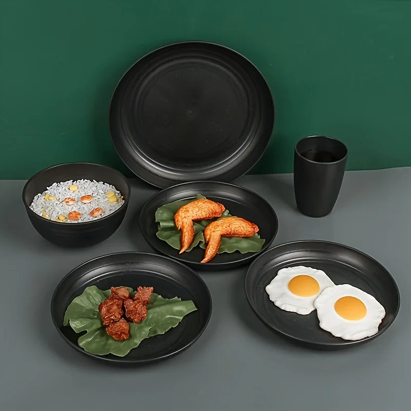 16pcs Black Cutlery Set With Plates & Cups