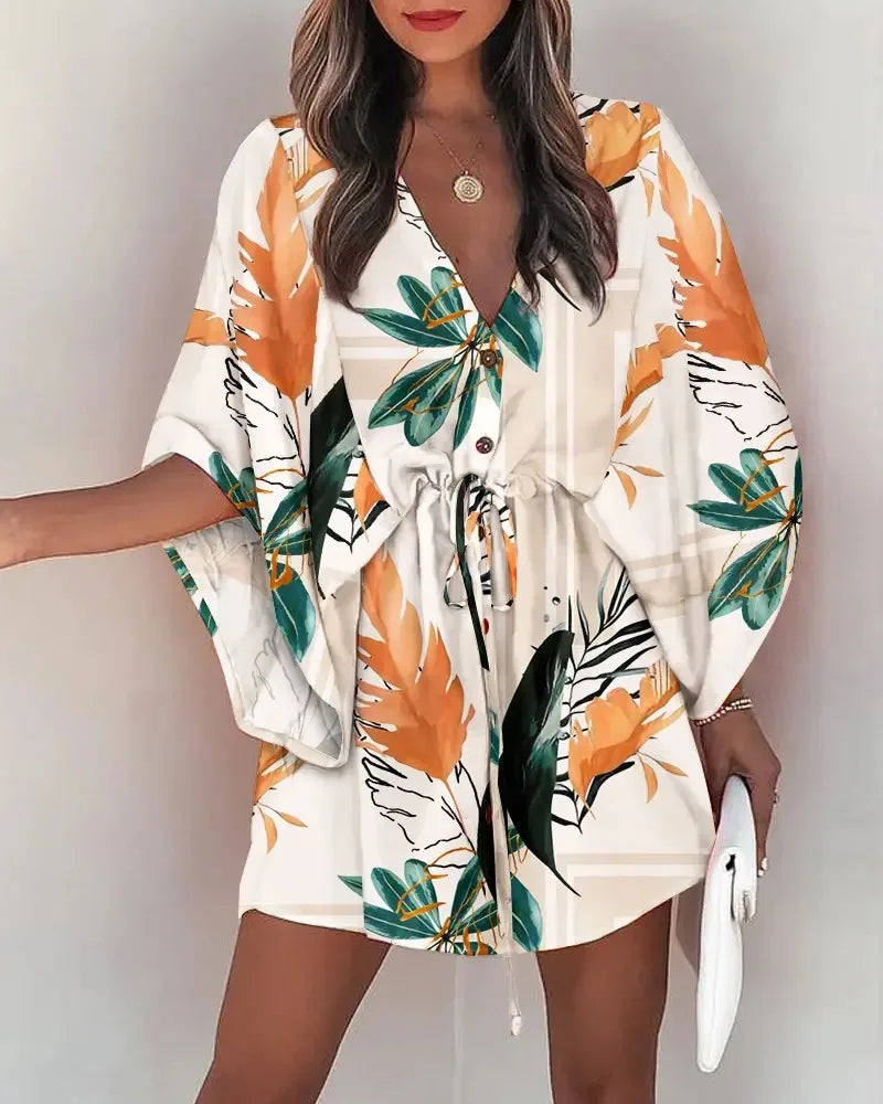 Minikleid im Boho-Stil mit Print und V-Ausschnitt