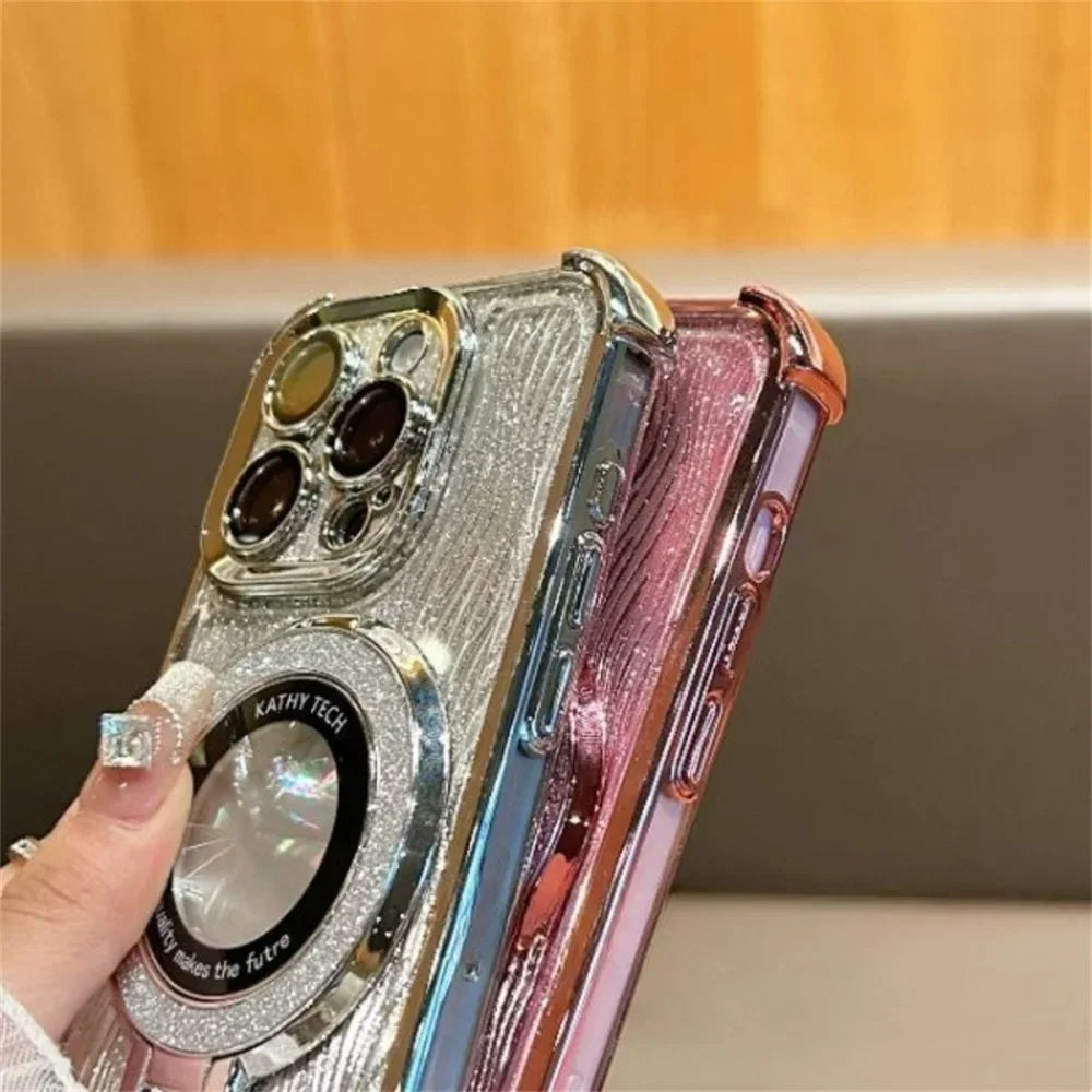 Glitter Water Ripple Hole Case iPhone Folding Holder Cover Hard Shell