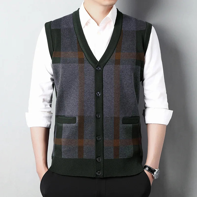 BROWON Plaid Knit Sweater Vest Set for Men