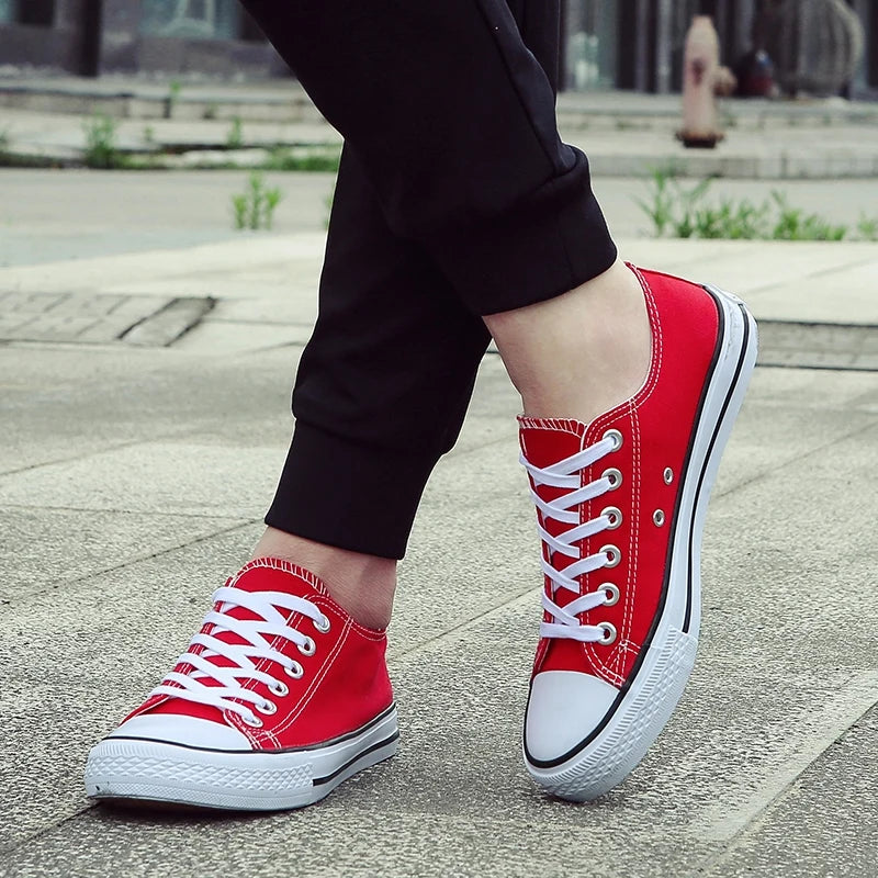 Lace-Up White Canvas Flat Heel Sneakers