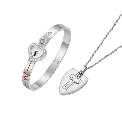 Couple Heart Lock & Key Necklace Bracelet Set – Stainless Steel Love Pendant Choker