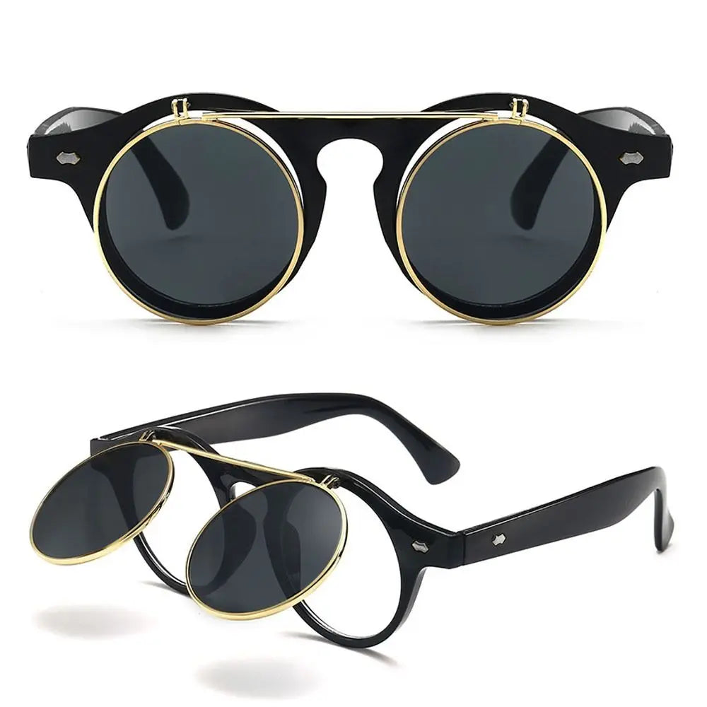 Unisex Retro Round Flip Frame Sunglasses