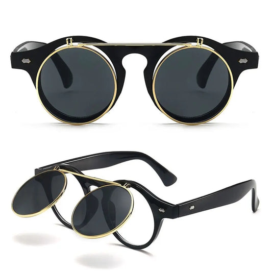 Unisex Retro Round Flip Frame Sunglasses