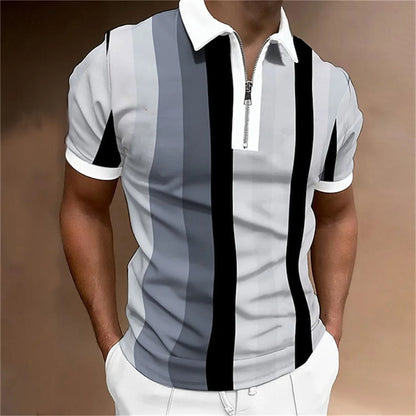 Men Zipper Striped Turn Down Collar Shirt