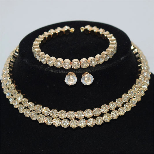 Kristall-Brautschmuckset – Doppelreihige Halskette, Ohrringe und Armband