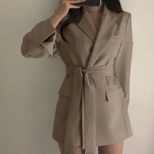 Women’s Mid‑Length Slim Fit Blazer Jacket – Waist‑Defining Lace‑Up Suit Dress Coat