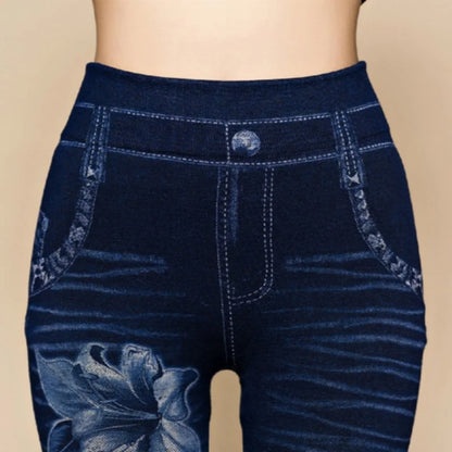 Women Hollow Out Denim Pencil Fitness Elastic Print Pants