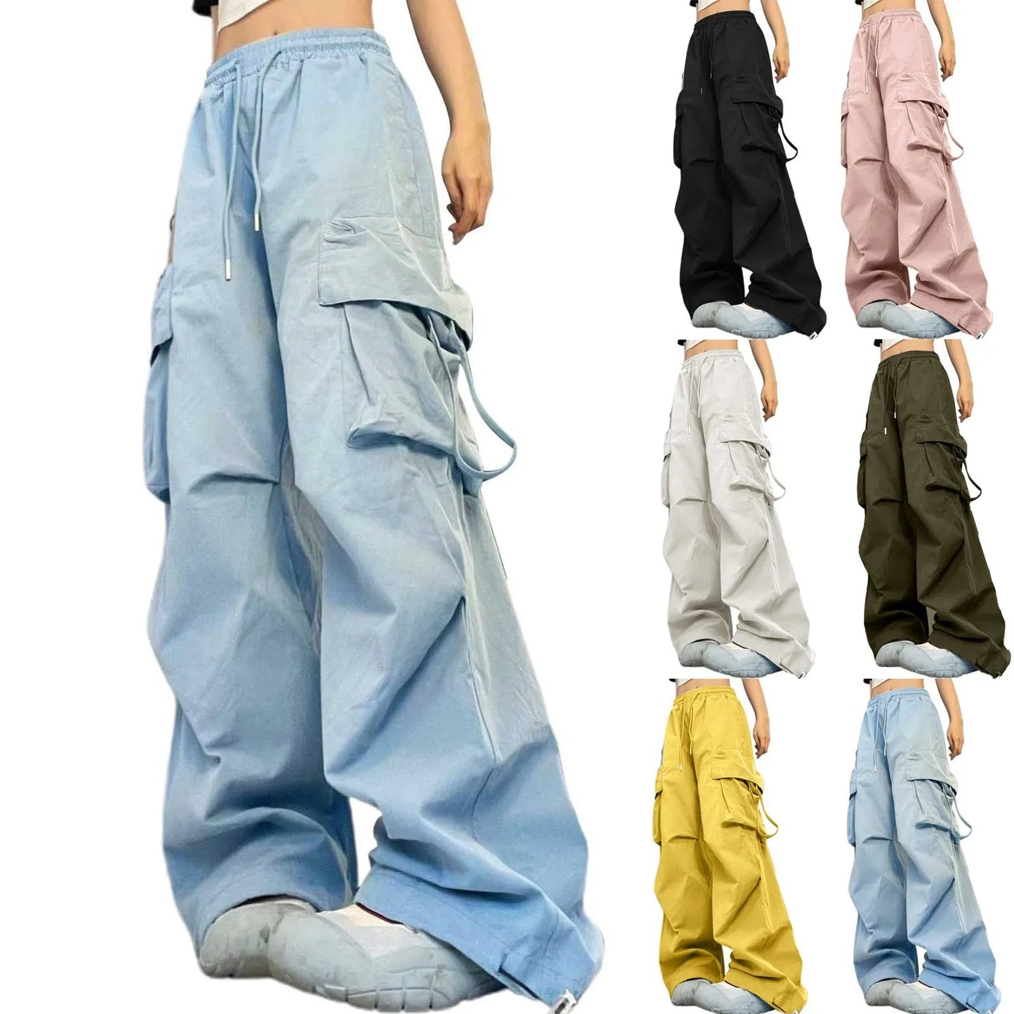 Weit geschnittene Cargohose für Damen – Streetwear-Hose mit Kordelzug, hohem Bund, vielen Taschen und lockerer Passform