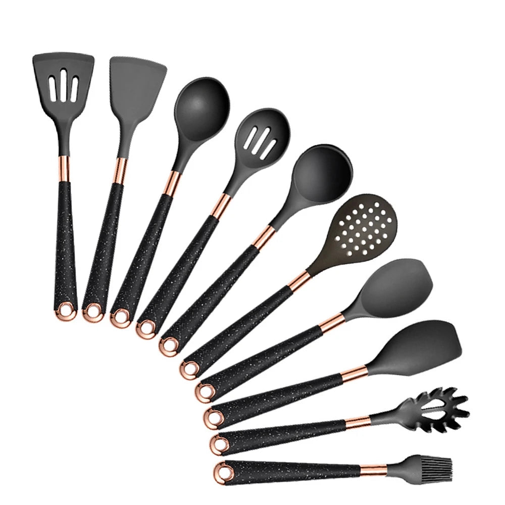 Ensemble d'ustensiles de cuisine en silicone abricot/noir