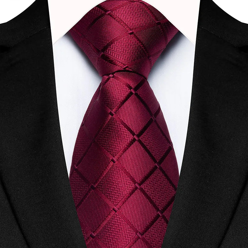 Men's Burgundy Plaid Silk Wedding Tie Set