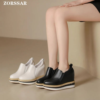 Womens Handmade Genuine Leather Platform Wedge Sneakers
