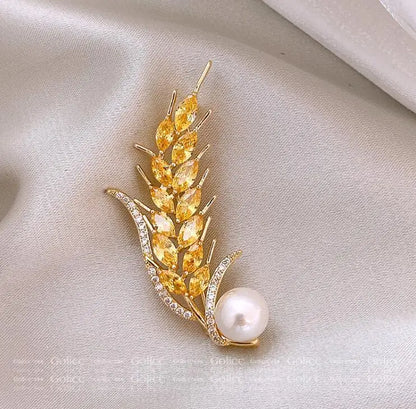 Golden Tulip Flower Pearl Brooch for Women – CZ Rhinestone Crystal Metal Pin