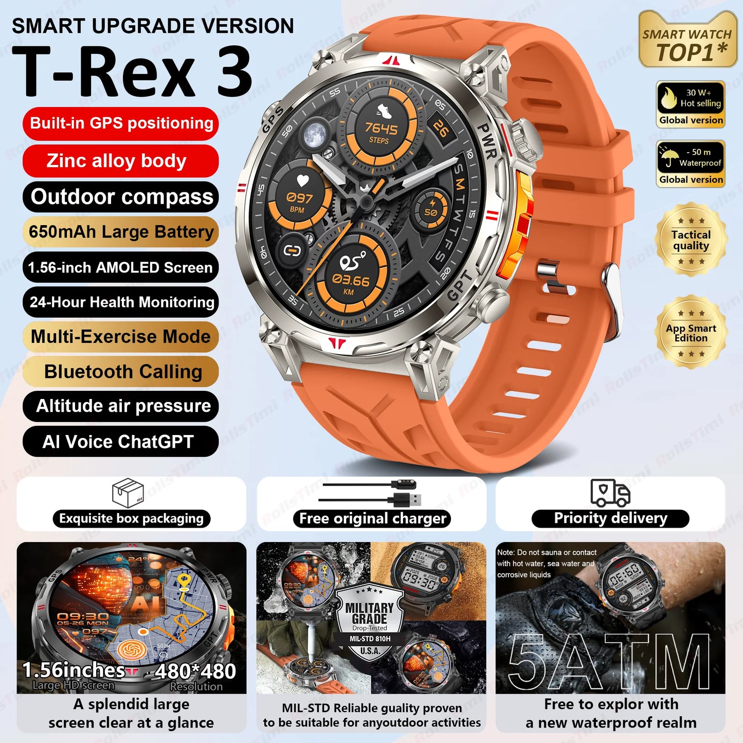 Unisex T-Rex3 GPS Sports Smartwatch – Fitness Tracker Heart Rate Monitor 3ATM Waterproof Smart Watch